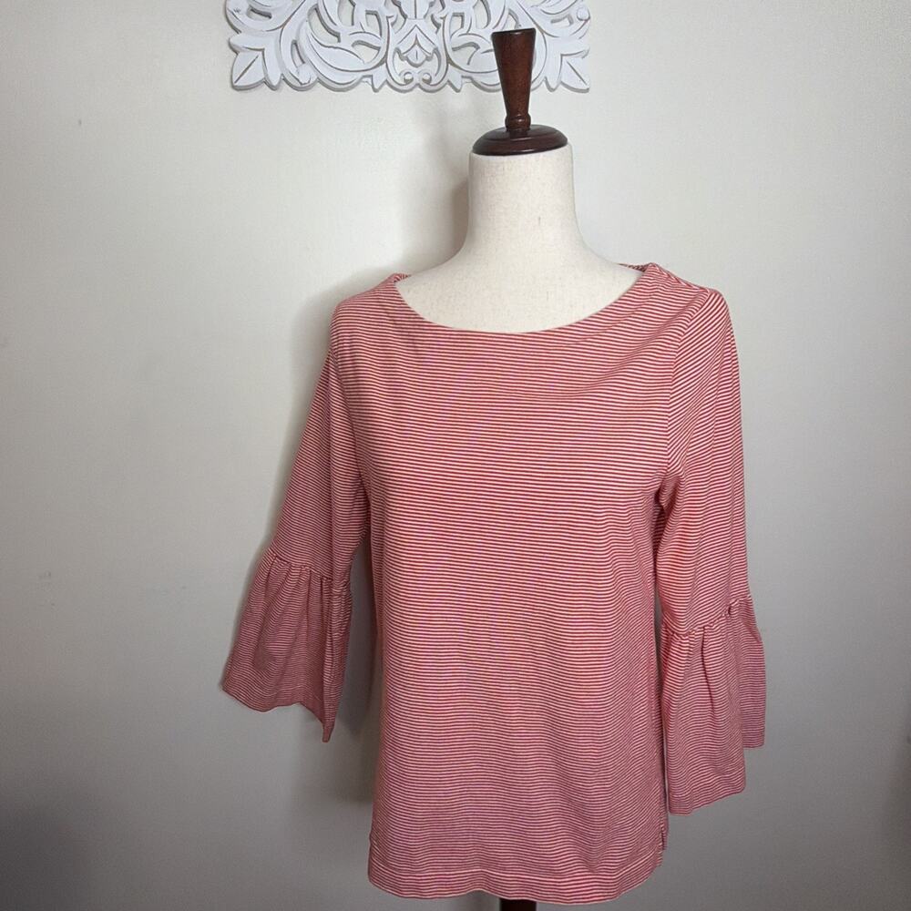 J.Crew Women's size MEDIUM Top RED WHITE Micro Stripe Boat Neck Bell Sleeves